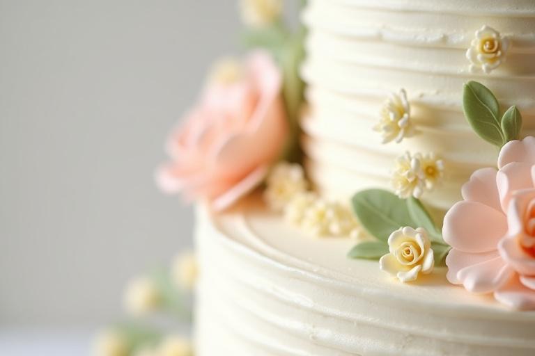 Dettaglio di una torta nuziale a più piani con decorazioni floreali in zucchero.