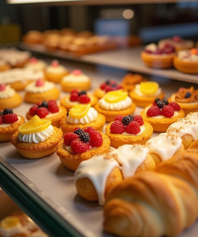Vetrina con dolci freschi di pasticceria pronti per la colazione del mattino.