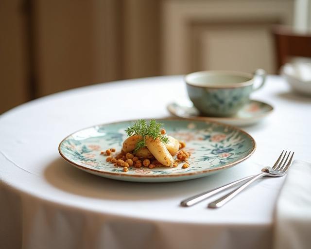 Un piatto in ceramica dipinto a mano, ambientato su una tavola elegantemente apparecchiata.