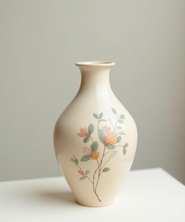 Un vaso in ceramica rifinito, con delicate decorazioni floreali, esposto nello studio.